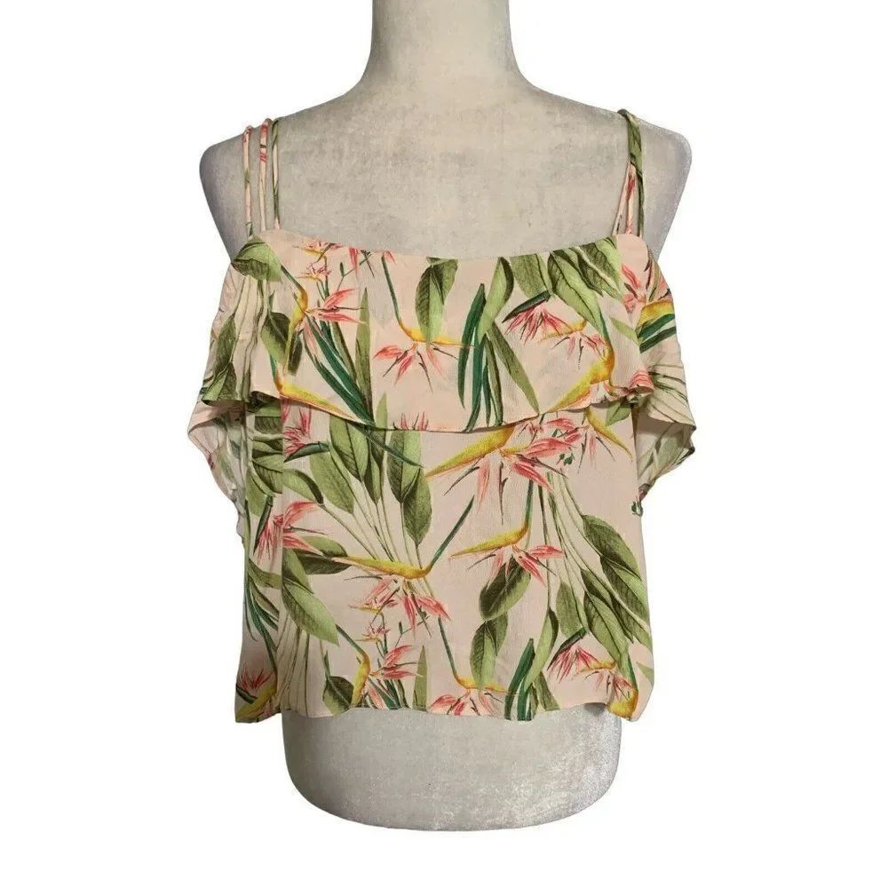 zara womens pink Green birds of paradise print tank top medium
